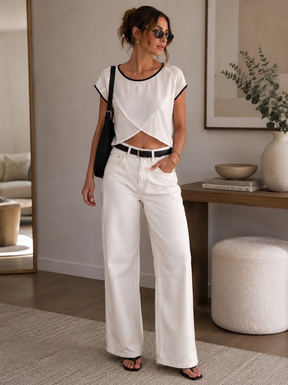 Chloe K White & Black Contrast Crop Top | Layered Overlay Blouse Y2K Coquette